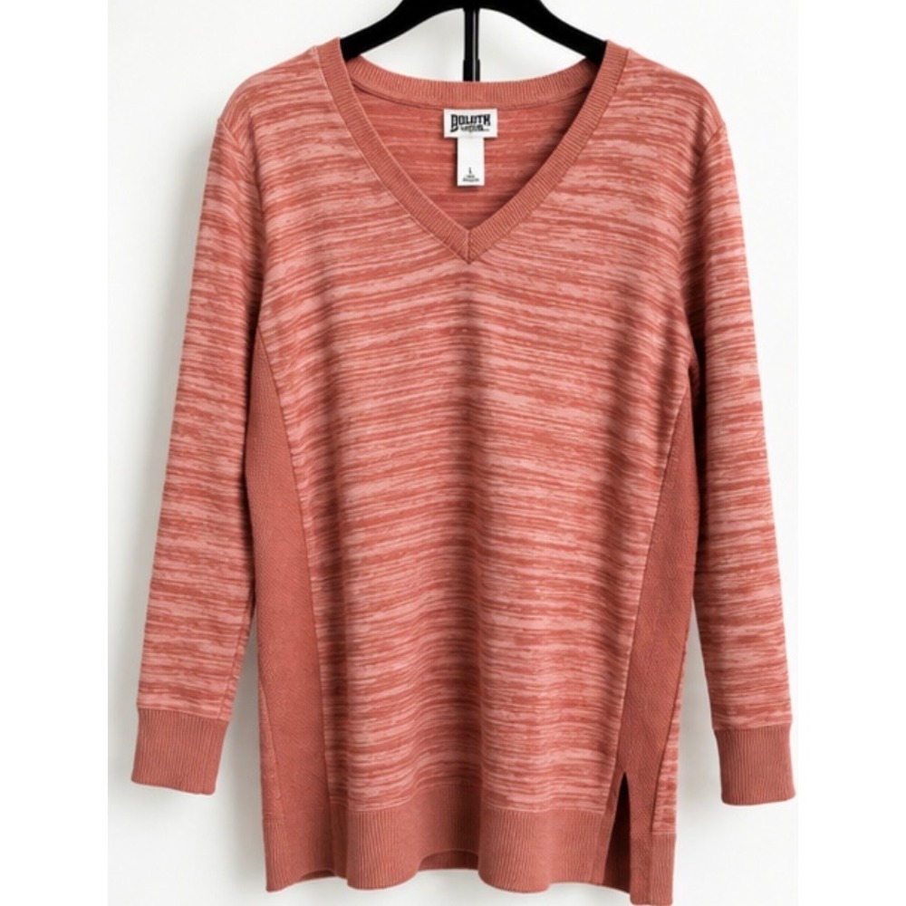 Duluth Trading Co Womens V-Neck Space Dye Tunic Sweater Terracotta Orange Large